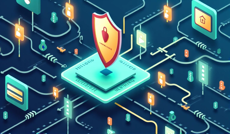 Illustrazione di dati digitali che fluiscono in modo sicuro, con icone di privacy e protezione in evidenza.