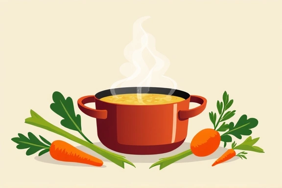 Pentola con zuppa di verdure fumante e ingredienti freschi attorno.