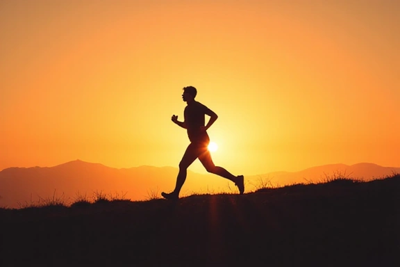 Uomo che corre all'aperto al tramonto, simbolo di attività fisica.