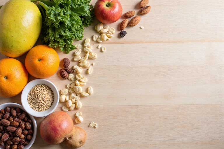 Composizione minimalista di alimenti sani come frutta, verdura, noci e semi disposti esteticamente su un tavolo di legno chiaro.